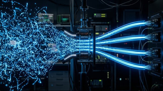 Detailed 3D visualization of advanced photonics and quantum physics research in a high-tech laboratory environment featuring blue glowing particles and fiber optic cables for data transmission.