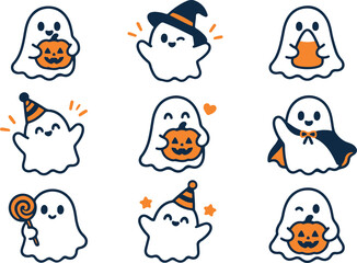 Obraz premium Cute Halloween ghost character collection with pumpkins and costumes