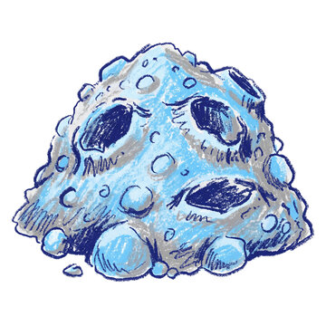 Hand Drawn Illustration of a Textured Grey Celestial Asteroid with Deep Crater Holes and Rough Lunar Rock Surface Detailing