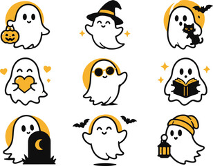 Fototapeta premium Cute Halloween Ghost Collection With Icons And Festive Elements