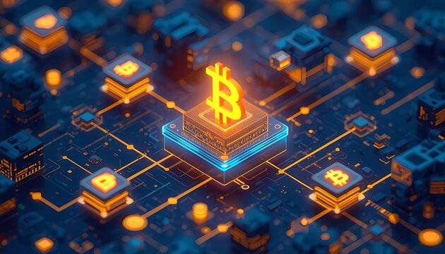3D isometric bitcoin cryptocurrency symbol on glowing blockchain microchip ledger circuit