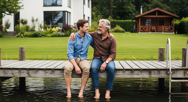 Heartwarming Family Bond with senior father and adult son sitting on a wooden dock by a lake in a lush backyard, ideal for family insurance and retirement planning.