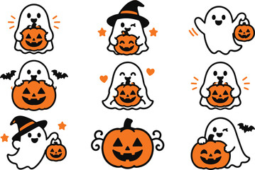 Obraz premium Cute Halloween Ghost Set With Jack O Lantern Pumpkins