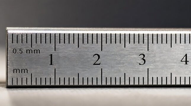 Close up macro shot of a precision metal ruler showing metric scale units