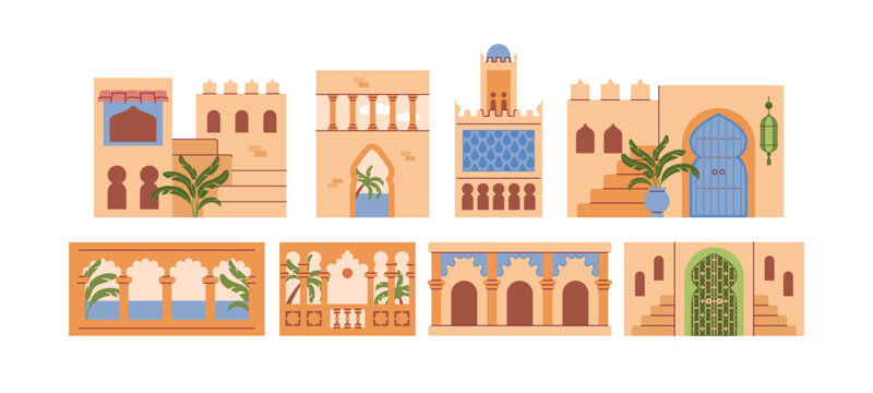 Morocco architecture set. Arab house, facade decor. Traditional arch, ancient door, window gate. Islamic culture ornament, Moroccan building cityscape. Vector cartoon flat style isolated illustration