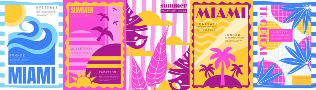 Miami beach. Abstract summer, travel sun. Tropical background for postage. Florida vacation, sunset poster. Sea cover at resort. Vibe party print. Vector garish art at style isolated illustration set