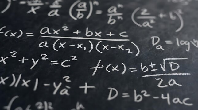 Mathematical formulas and equations written in white chalk on a dark chalkboard
