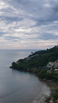 cloudy day phuket island kalima beach bay area traffic aerial vertical panorama 4k timelapse thailand 
