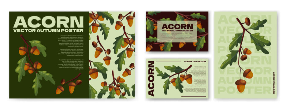 Autumn poster, acorns. Greeting card, fall banner. Oak branches, foliage. Vintage farm organic plants. Typography seasonal promotional materials. Rustic woodland. Vector garish nature isolated set