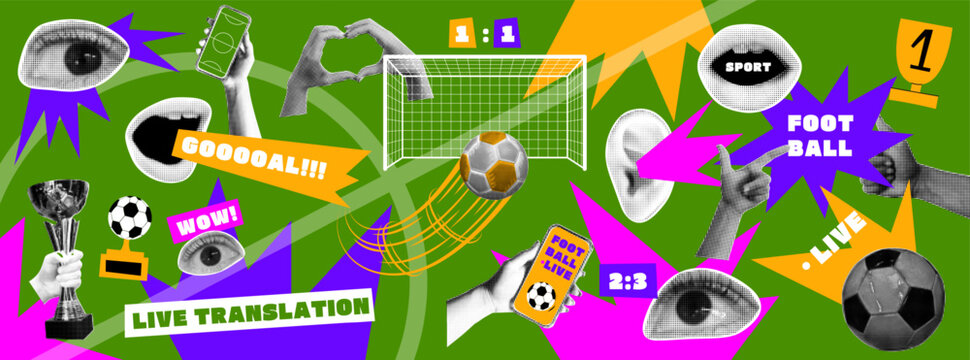 Football. Retro halftone. Sport collage. Soccer championship support cut out. Grunge vintage element for fan graphic design. Broadcast of activity game. Vector garish supporter isolated illustration
