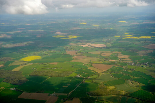 Aerial View of English Countryside Farmland Patchwork Fields