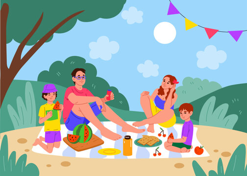 Picnic in park. Character on lunch. Outdoor people group. Summer travel. Food on grass. Dinner under sky. Friends in a green field. Vector meal in tidy garden cartoon flat style isolated illustration