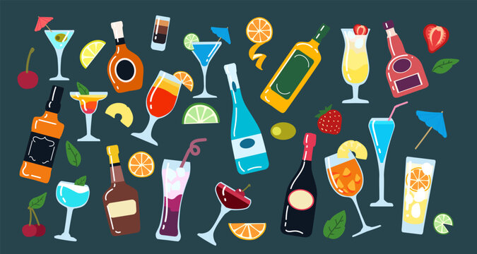 Cocktail. Drink party. Glass alcohol. Summer margarita, martini. Tropical beverage at bar celebration. Fruit, lime with ice. Menu lounge. Vector stickers, cartoon flat style isolated illustration