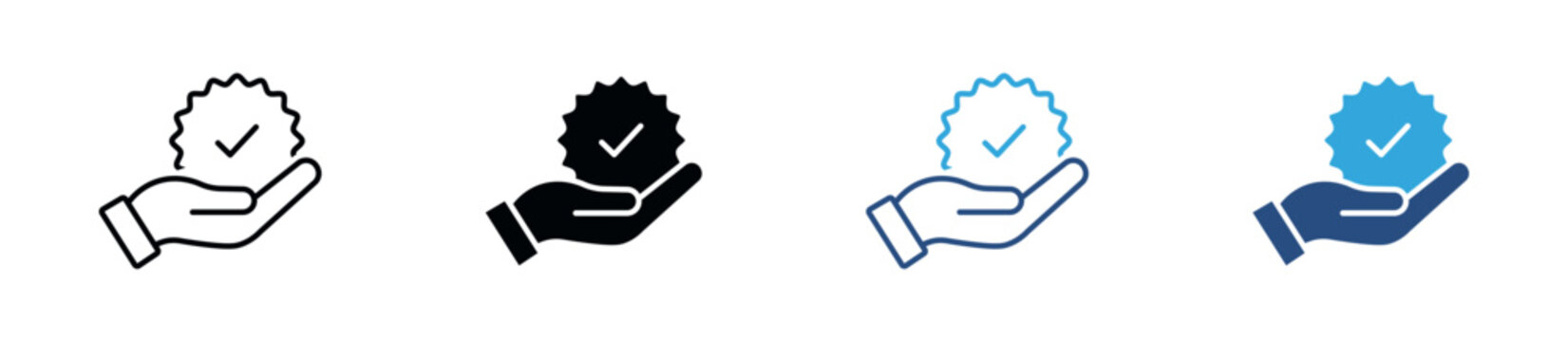 Verified Badge Icon Set, Open Hand, Checkmark, Certified Badge, Verification, Approval, Trust, Quality and Validation Symbols. Vector Illustration.
