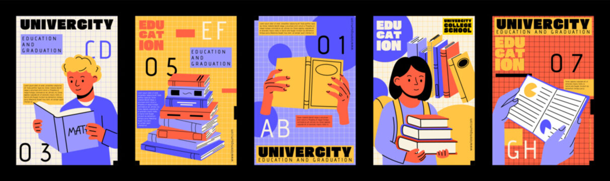 Education poster set. Abstract school. Student university. College design. Cover study. Flyer graduate. Creative collage typography. Vector garish banner, cartoon flat style isolated illustration