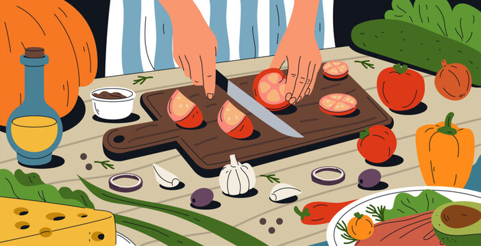 Hand cuts tomato. Knife with wooden board top view cuisine. Vegetable salad preparation. Cook on kitchen worktop. Healthy food ingredients. Vector tidy meal cartoon flat style isolated illustration