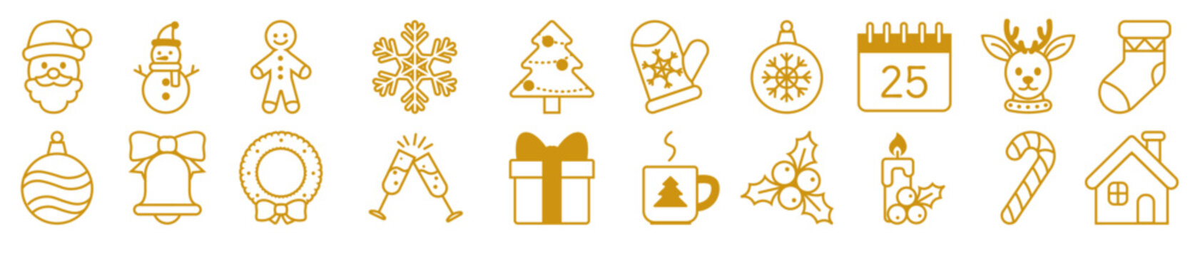 Christmas icon set. Xmas border. Gold decor, frame. Santa, reindeer hand drawn festive tree. Gingerbread ornament. Element holiday. Celebration icon. Vector sign flat style isolated illustration