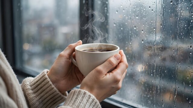 Cozy moment with warm drink on rainy day indoors
