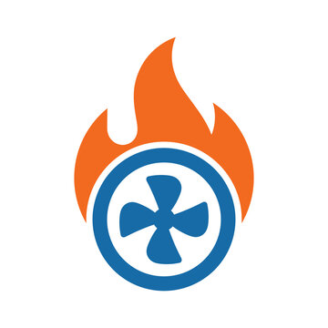 Modern hvac system logo featuring fan and flame icon for energy efficiency branding