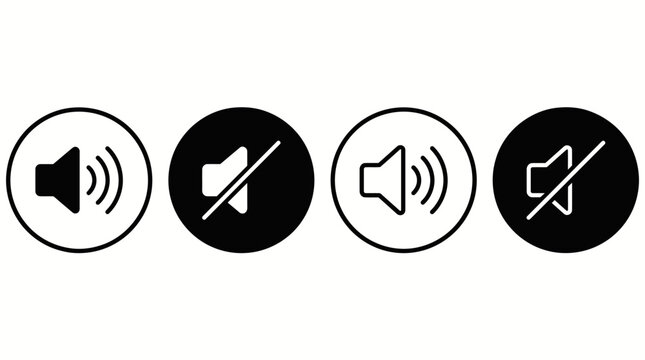 Four black and white circular icons representing volume control and mute options