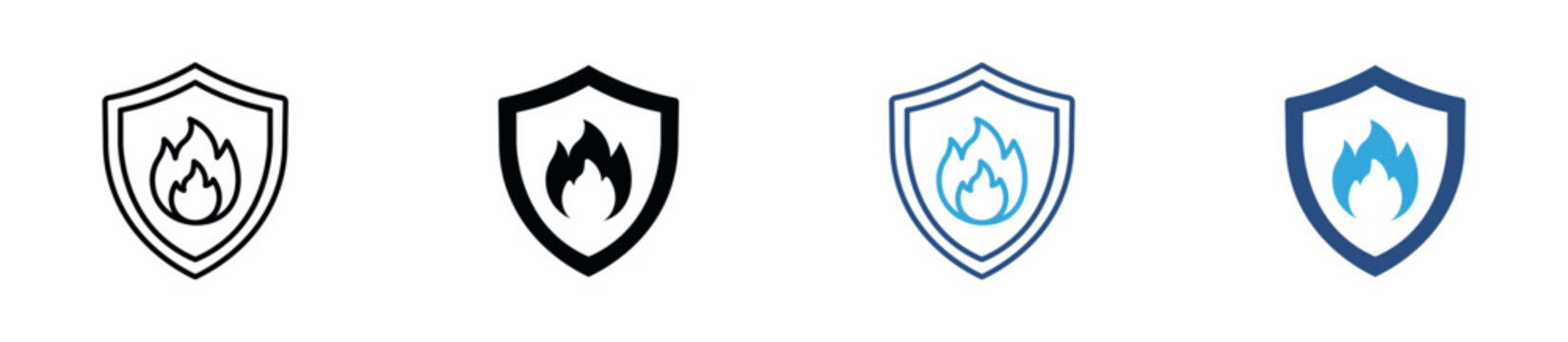 Fire Safety Icon Set, Flame, Shield, Fire Protection, Safety, Emergency, Hazard and Security Symbols. Vector Illustration.
