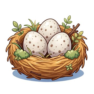 Cute bird nest with three speckled eggs vector illustration, Adorable cartoon birdhouse cozy nest isolated on white background, Spring nature and easter concept graphic element for kids
