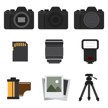 Set of flat vector camera equipment and photography accessories icons / Minimalist flat vector photography icons and camera gear set on light background