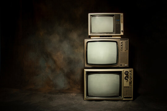 Three retro old televisions pile with blank screen on a dark background with text space on the left.