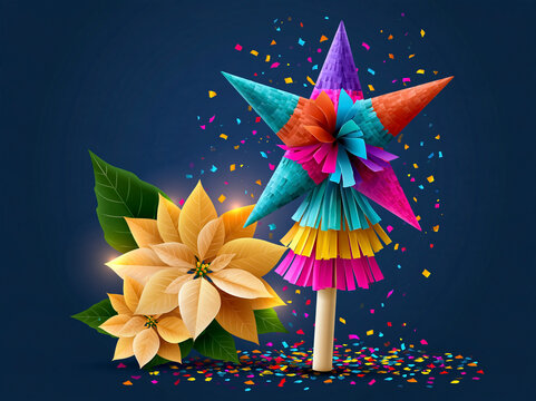 Vibrant illustration of a traditional Mexican Christmas star pinata with golden poinsettia flowers and confetti on dark blue background with copy space for festive text.