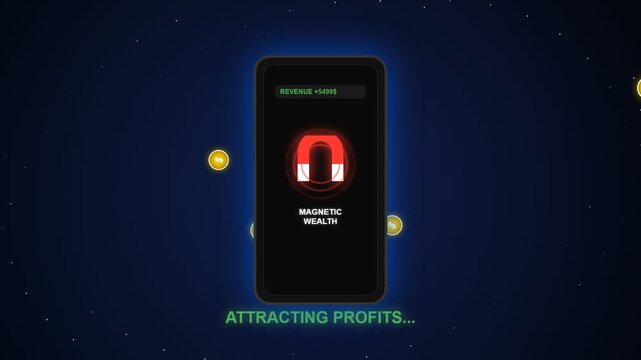 Smartphone Attracting Gold Coins with Magnetic Wealth App Animation.