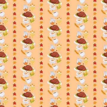 Cute Thanksgiving food striped seamless pattern on peach background