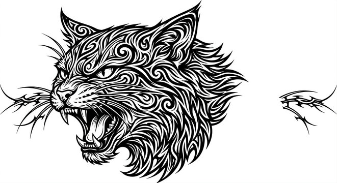 An intricate tribal ornamental werewolf head profile snarling with an aggressive fanged expression, featuring dynamic flowing jagged fur linework and a crescent moon accent isolated on a white backgro