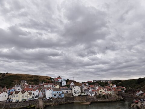 aerial view of Staithes seaside village and fishing port in the borough of Scarborough 
