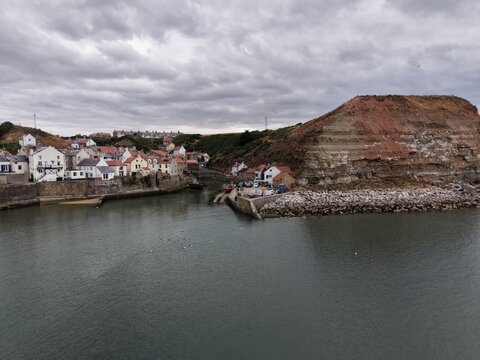 aerial view of Staithes seaside village and fishing port  North Yorkshire, England