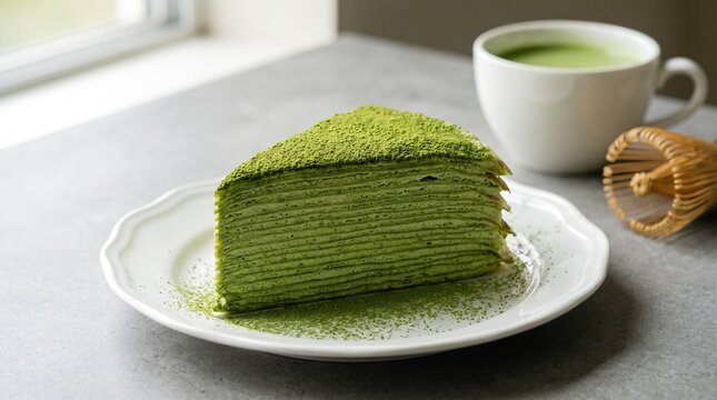 A slice of matcha mille crepe cake sprinkled with green tea powder next to a hot matcha latte, generative AI