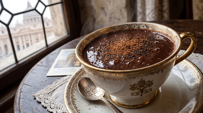 Hyper Realistic 9K Diagonal Angle Close Up Vatican Sacred Dark Hot Chocolate Cup Food Photography