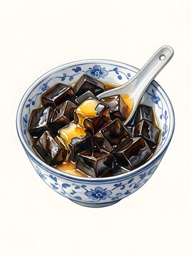 Watercolor Grass Jelly Cubes in a Traditional Blue Floral Bowl