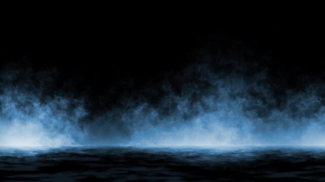 Vfx smoke clouds on dark blue foggy ground. Suitable for digital art, movie effects, background footage, and graphic design projects.
