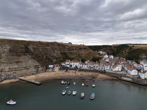 aerial view of Staithes seaside village  North Yorkshire, England