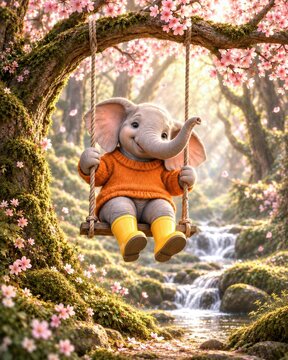 A cute elephant wearing a bright orange sweater and yellow boots joyfully swings from a cherry blossom tree, while a serene waterfall flows through the lush forest in the background
