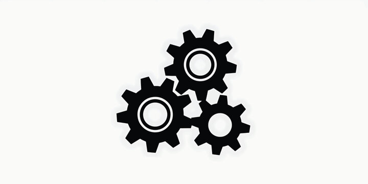 A minimalist black and white graphic illustration featuring three interlocking mechanical gears arranged in a vertical cluster design composition