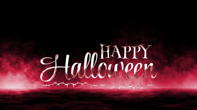 Vfx smoke effect in shiny chrome happy halloween text on dark red backdrop. Ideal for halloweenthemed designs and festive promotions.