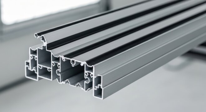 Close-up of Aluminum Extrusion Profiles for Construction and Industrial Applications.