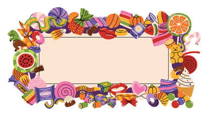 Fototapeta premium Cute frame with cartoon illustrations of various sweets of lollipops, gums, caramel, marmalade, candy canes, wrapped candy, chocolate, jelly fruit candies, cupcake, marshmallow around blank spaces.