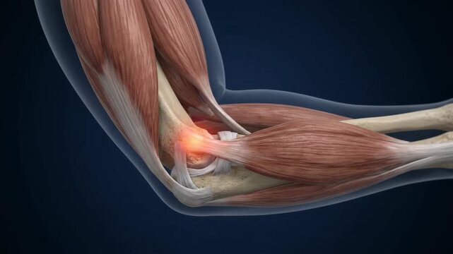 Human elbow joint pain medical animation with muscle anatomy