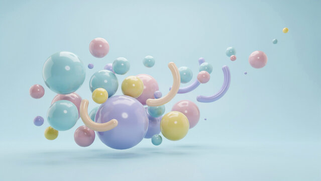 Abstract 3D composition featuring floating pastel spheres and curved shapes on a soft blue background