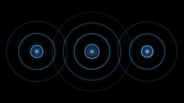 Abstract glowing blue pulse line waves radiating from three signal circles animation on dark background