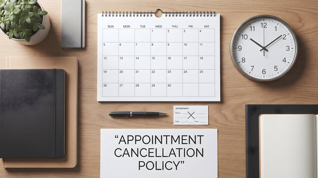 Cancelation policy paper on a wooden desk with a calendar, appointment card, clock, notebooks, and a pen flat lay
