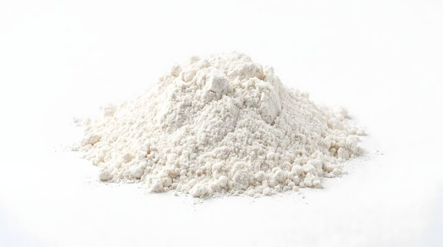 A small pile of white wheat flour on a clean white background with baking ingredient cooking ingredient powdered substance raw flour heap