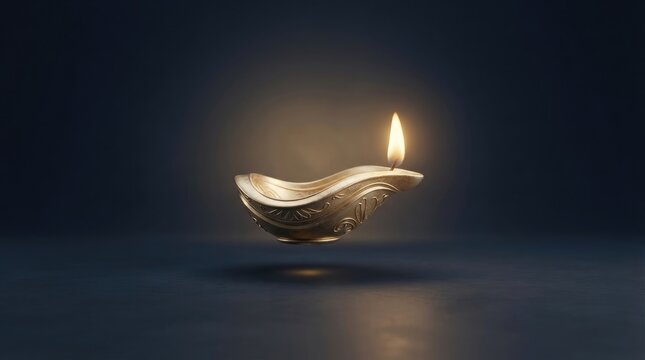 Golden ceramic diya oil lamp glowing with warm light isolated on dark background for traditional religious ceremony use.